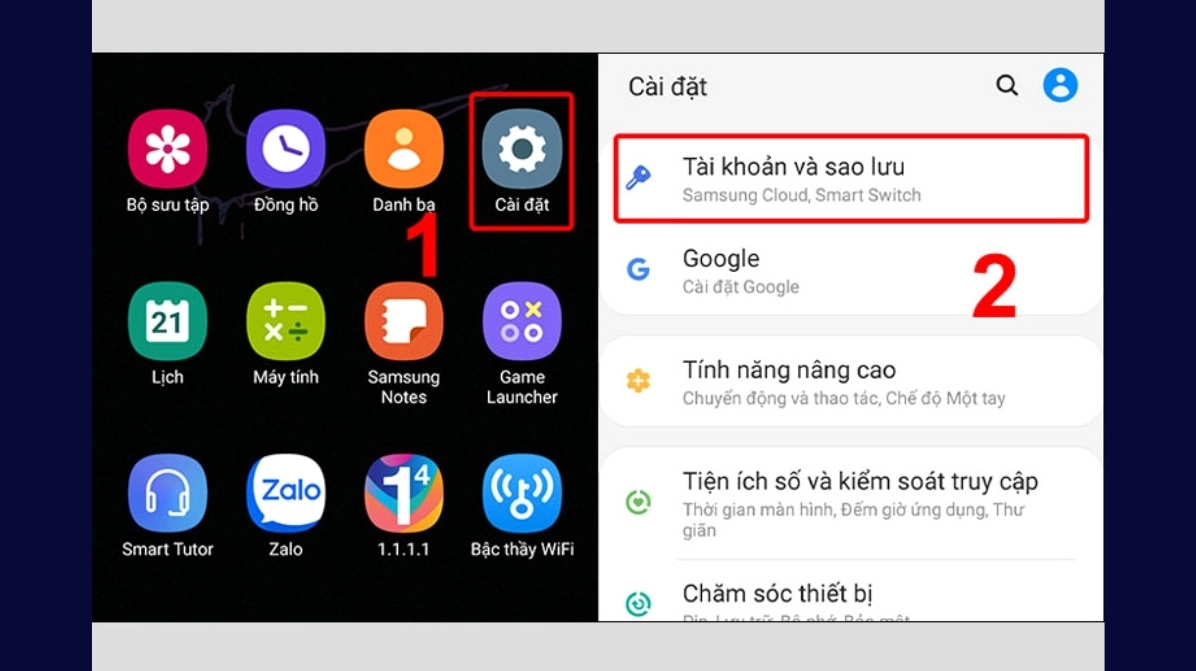 Trong Cài đặt tìm và chọn mục Tài khoản và sao lưu