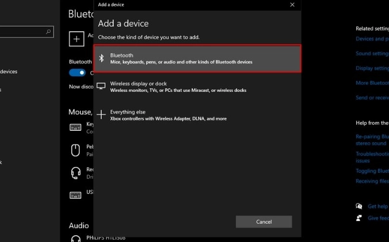 Trong cửa sổ Add a device, chọn Bluetooth