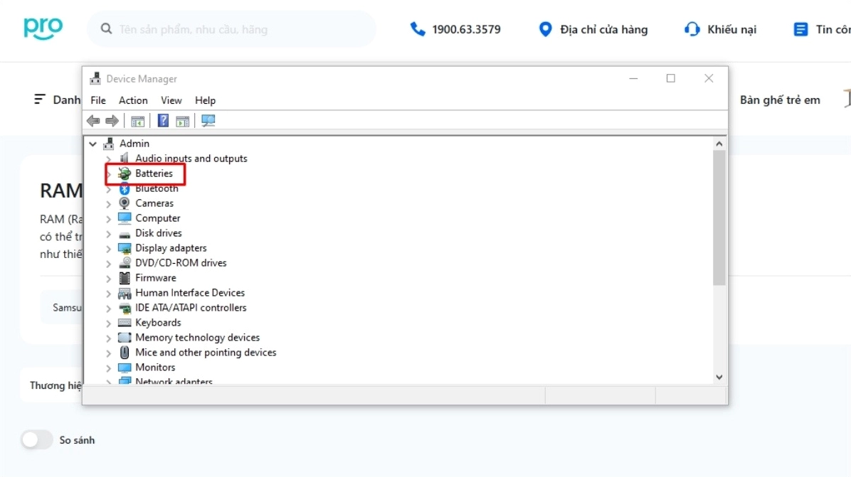 Trong cửa sổ Device Manager tìm và click vào mục Batteries