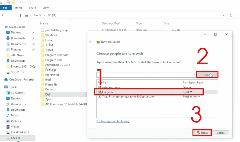 Hướng dẫn chi tiết cách truyền dữ liệu giữa 2 máy tính laptop hiệu quả nhất 33 Trong cửa sổ File Sharing bạn hãy click chọn mục Everyone rồi bấm Add
