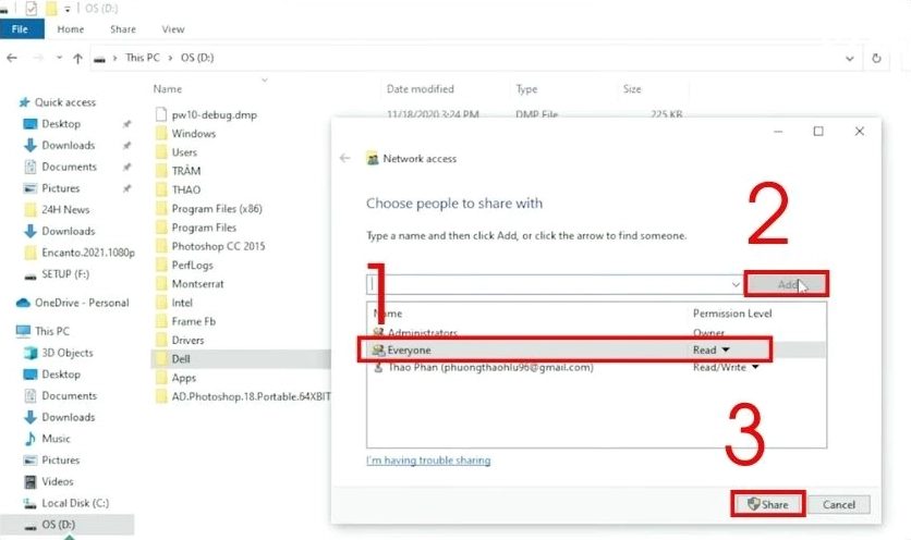 Trong cửa sổ File Sharing, bạn hãy click chọn mục Everyone rồi bấm Add