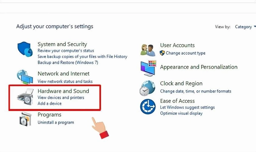 Trong giao diện Control Panel, tìm và nhấn vào mục Hardware and Sound