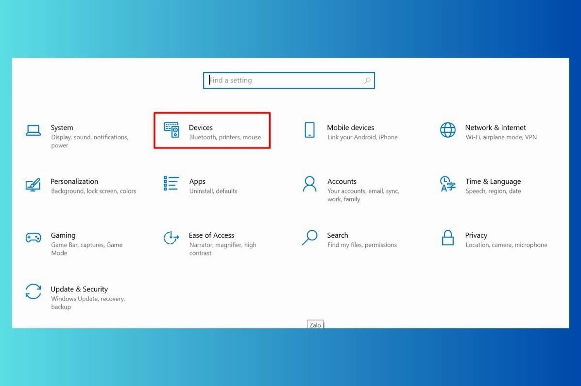 Trong menu Settings, chọn Devices