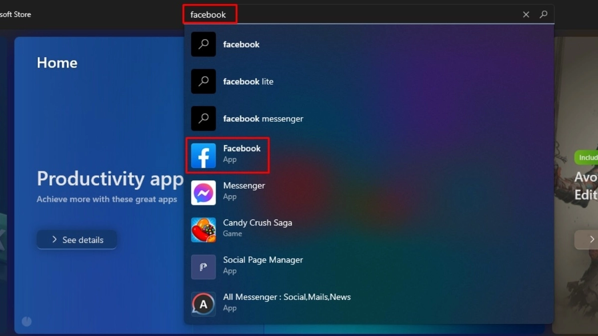 Trong Microsoft Store, gõ Facebook