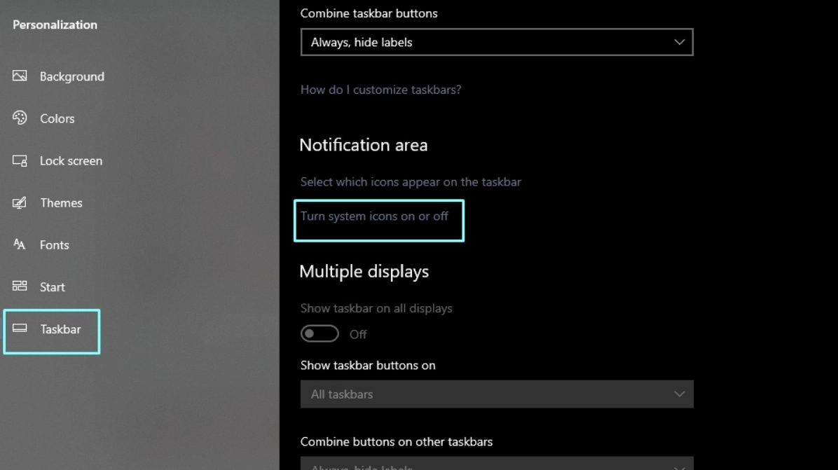 Trong mục Notification area click vào Turn system icons on or off