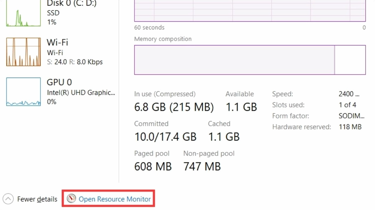 Hướng dẫn chi tiết cách tăng tốc cho laptop chạy mượt mà như mới 24 Trong mục Performance bạn nhấn chọn Open Resource Monitor để kiểm tra