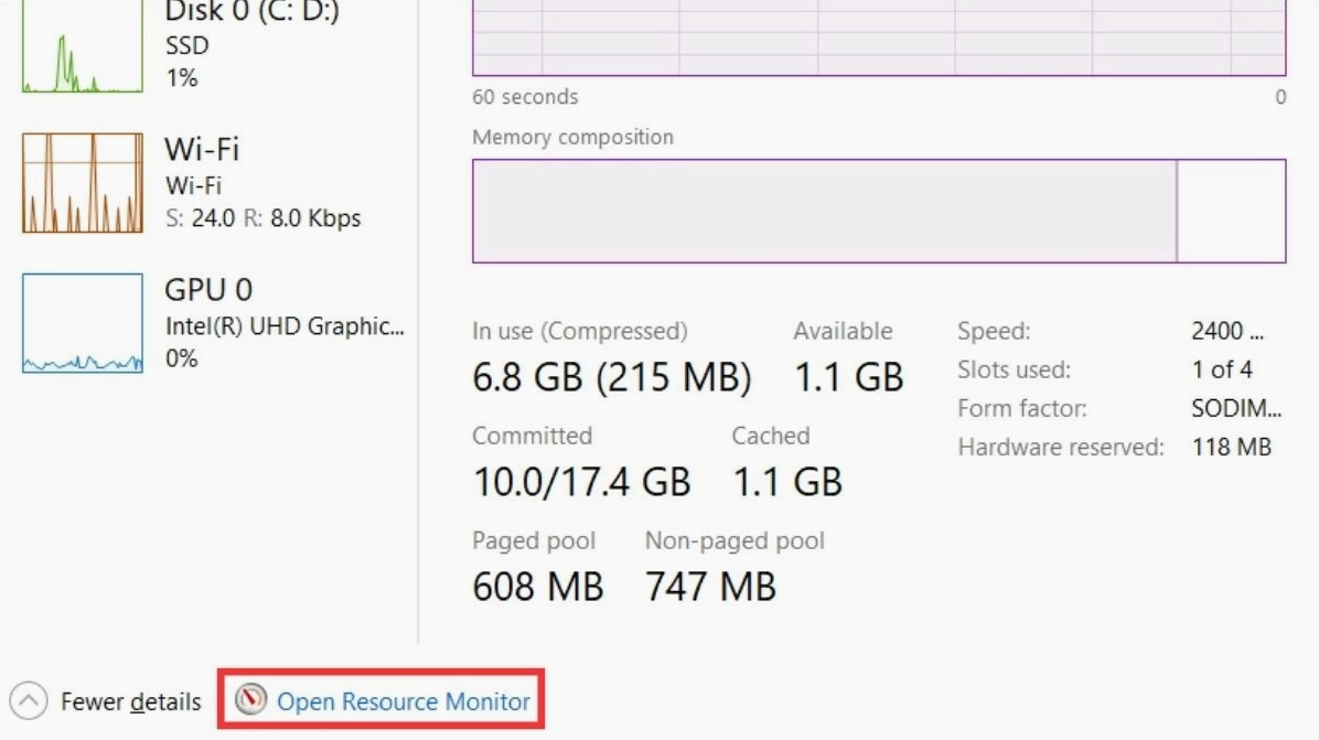 Trong mục Performance bạn nhấn chọn Open Resource Monitor để kiểm tra
