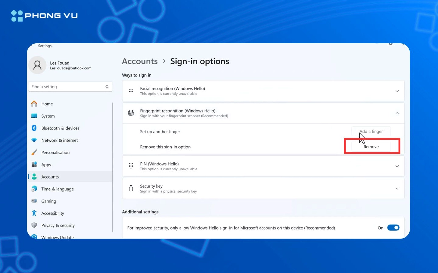 Trong mục Windows Hello Fingerprint chọn Remove