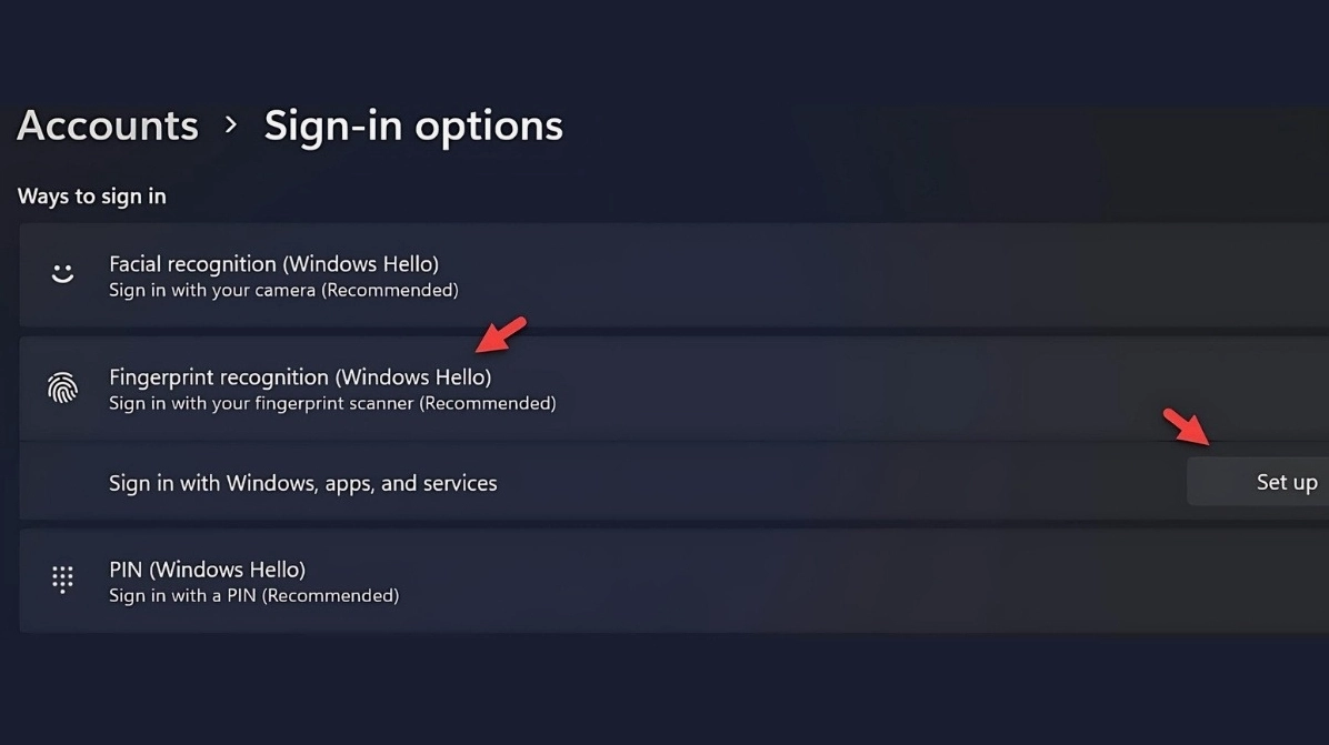 Trong mục Windows Hello Fingerprint chọn Set up