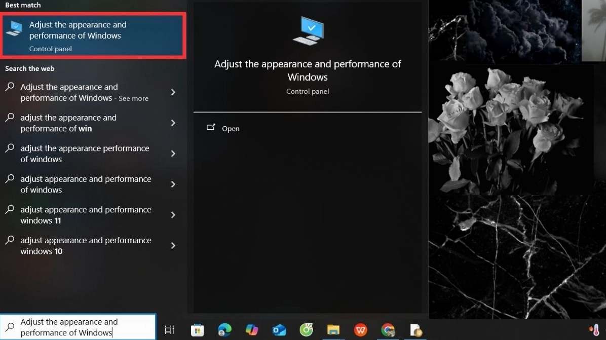 Trong ô tìm kiếm Windows bạn nhập và chọn Adjust the appearance and performance of Windows