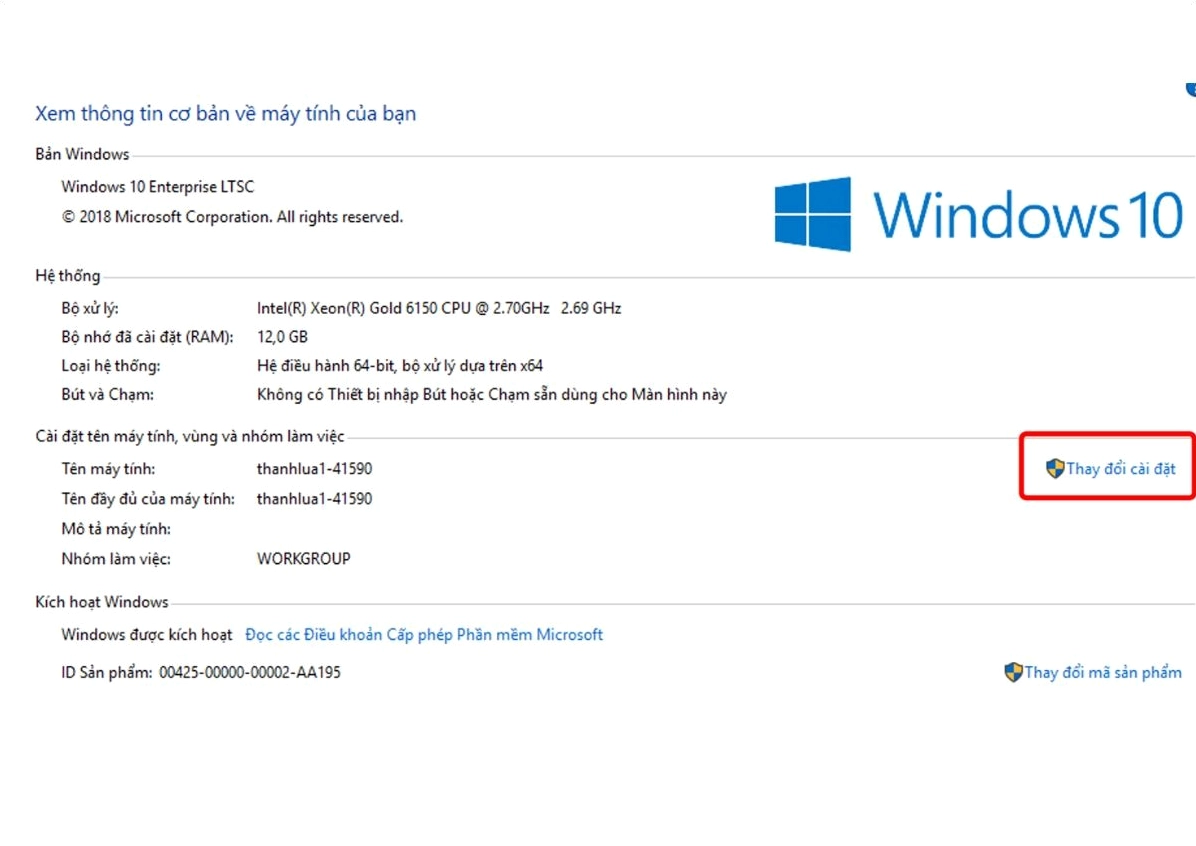 Trong tab Computer name chọn Change settings
