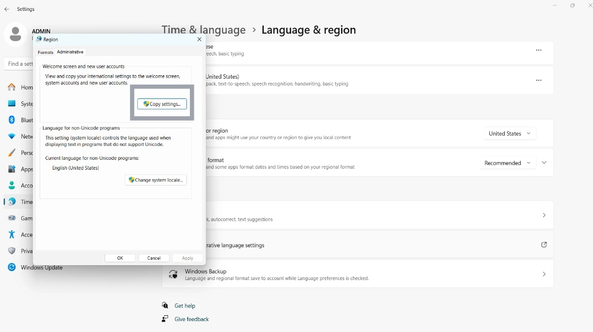 Hướng dẫn chi tiết cách đổi ngôn ngữ trên laptop Windows nhanh chóng 30 Trong tab Region, bấm Administrative và chọn Copy settings