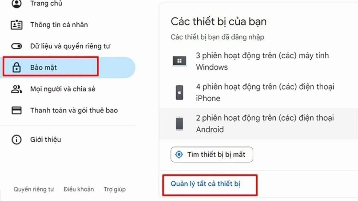 Truy cập phần quản lý bảo mật