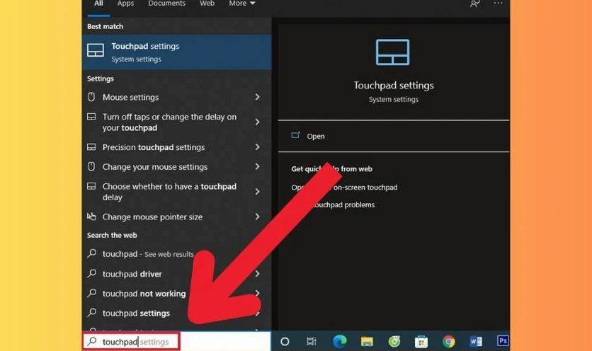 Truy cập Start menu để tìm kiếm cài đặt Touchpad