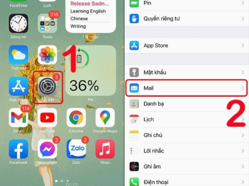 Truy cập vào phần Cài đặt trong điện thoại và chọn Mail