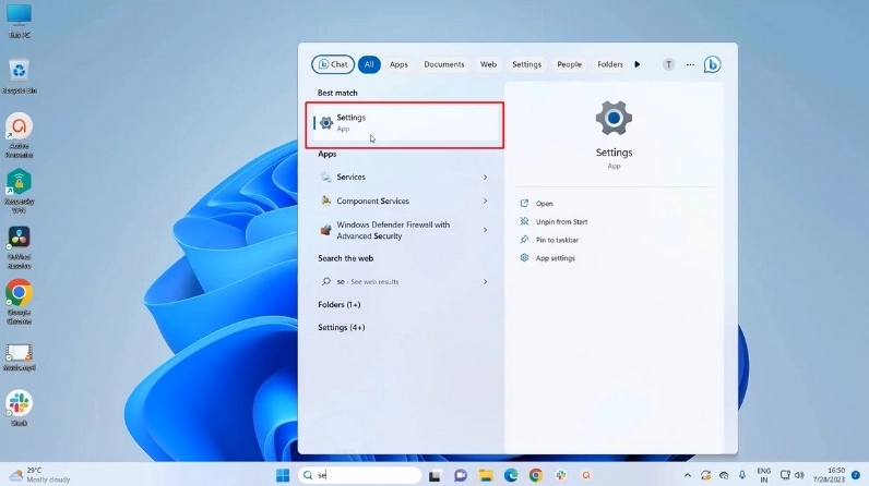 Truy cập vào ứng dụng Settings trên Windows để bắt đầu thiết lập