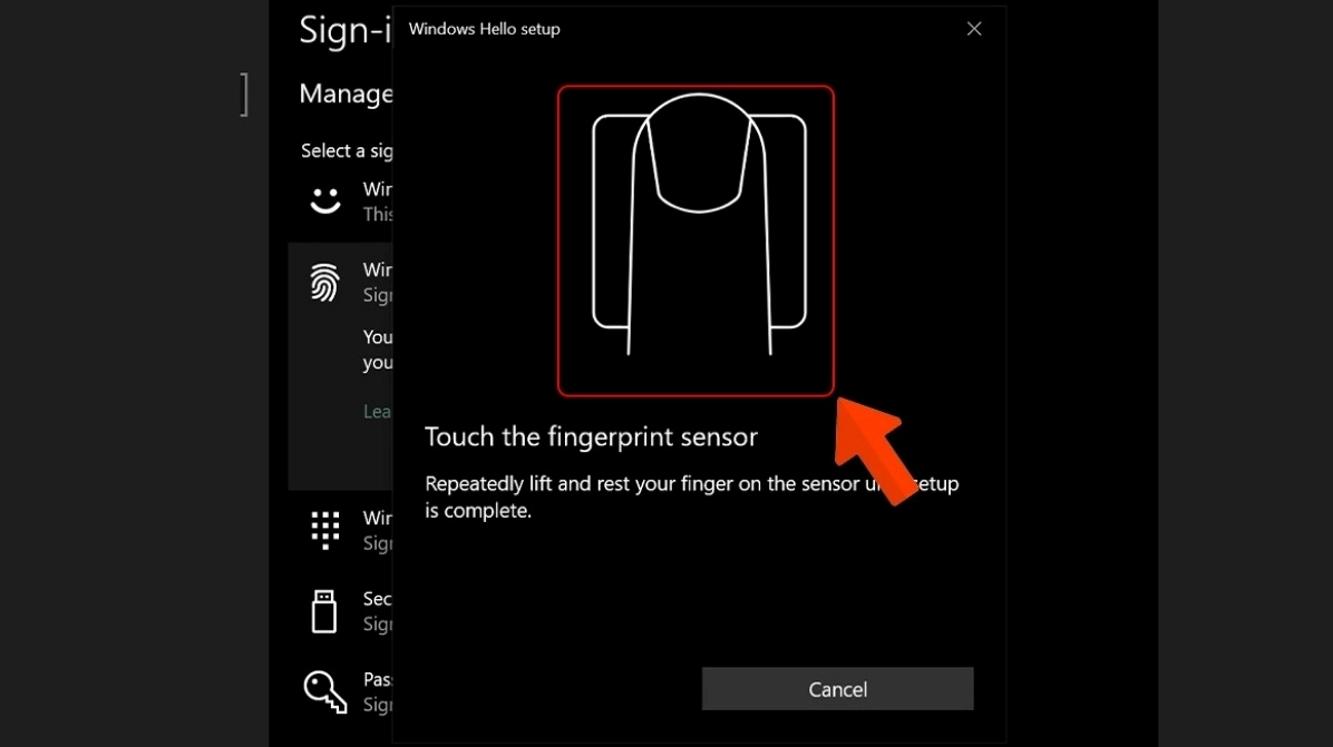 Từ từ đặt ngón tay mà bạn muốn đăng ký lên bề mặt cảm biến vân tay