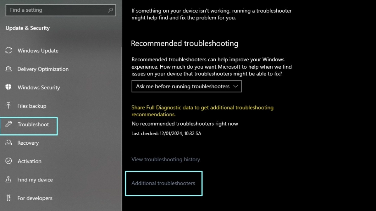Tùy chọn Additional troubleshooters trong mục Troubleshoot