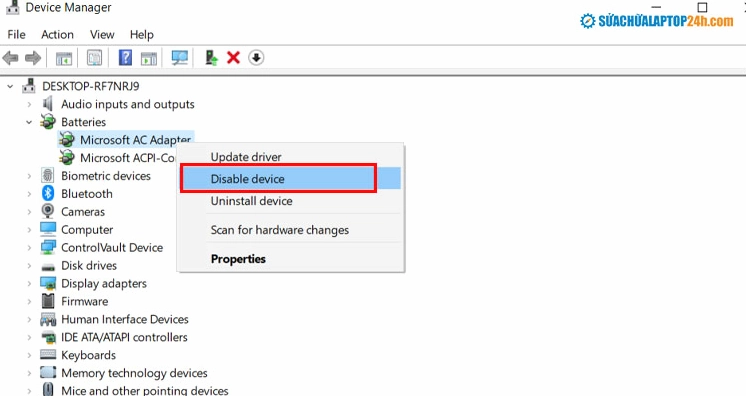 Tùy chọn Disable device khi nhấp chuột phải vào Microsoft ACPI-Compliant Control Method Battery