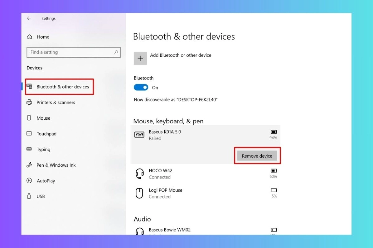Tùy chọn Remove device khi chọn vào tên bàn phím Bluetooth