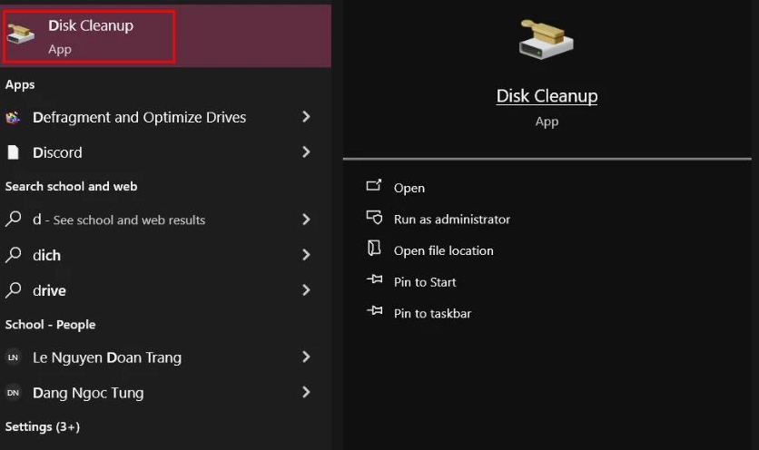 Vào menu Start, tìm và chọn Disk Cleanup