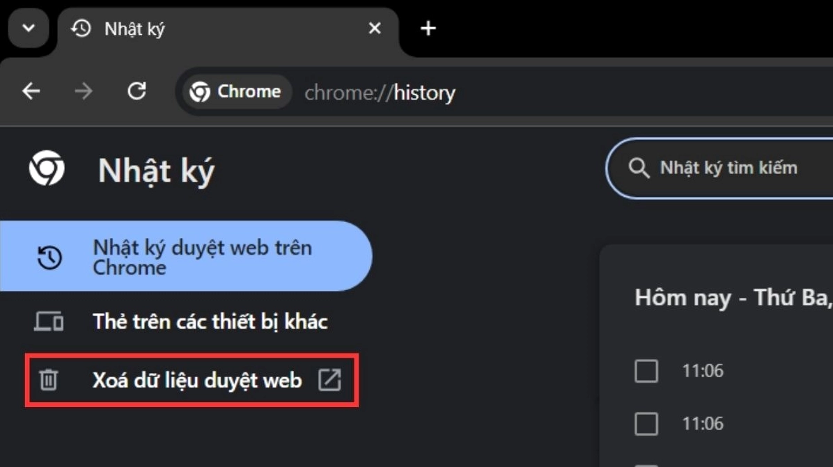 Vào mục nhật ký trình duyệt sau đó chọn Xóa dữ liệu duyệt web