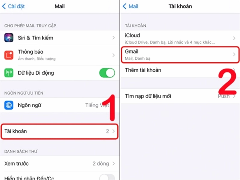 Vào mục Tài khoản và chọn Gmail để tiếp tục