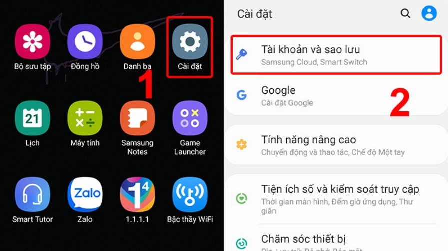 Vào phần Cài đặt của điện thoại Android chọn Tài khoản và sao lưu