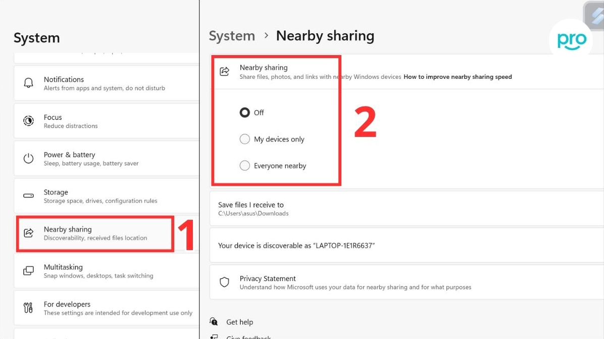 Hướng dẫn chi tiết cách kết nối 2 laptop để chơi game mượt mà không giật lag 17 Vào System Nearby sharing tuỳ chỉnh các thiết lập