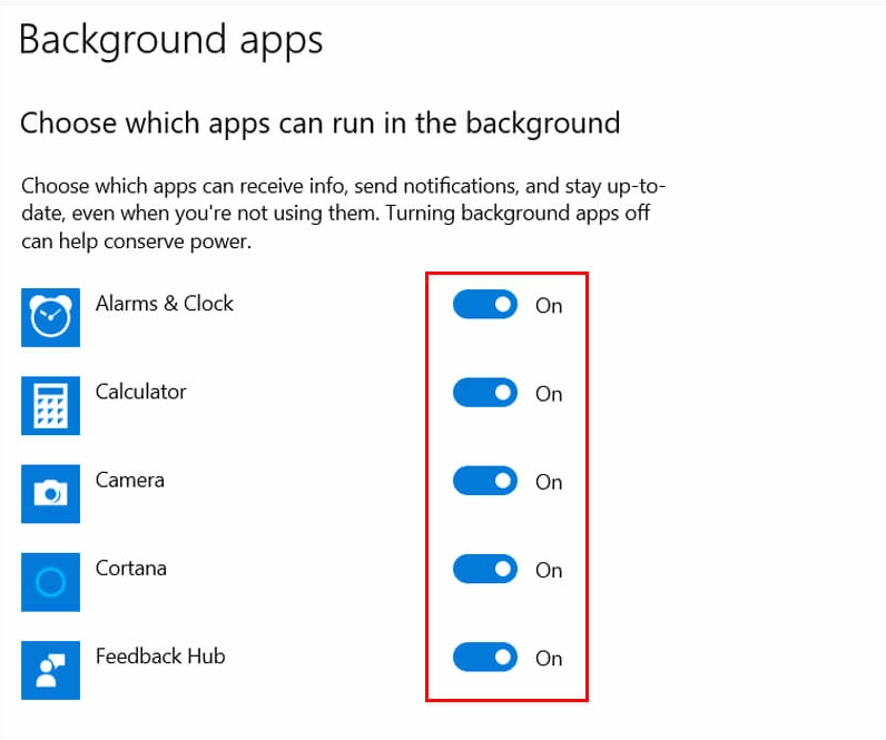 Ví dụ minh họa việc tắt một ứng dụng cụ thể bằng cách điều chỉnh thanh công tắc On Off