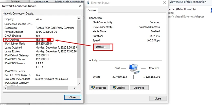 Vị trí hiển thị địa chỉ IPv4 Address trong cửa sổ CMD