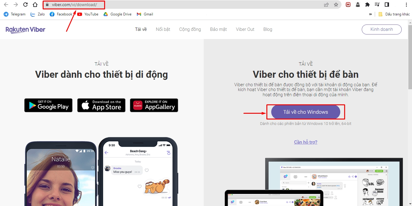 Vị trí nút bấm tải về cho Windows trên trang web để download ứng dụng Viber