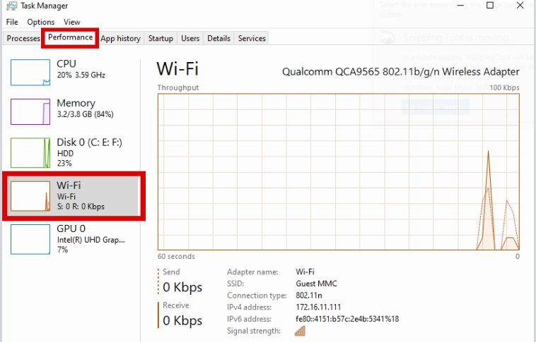 Xem thông tin mạng Wi-Fi hoặc Ethernet trong tab Performance