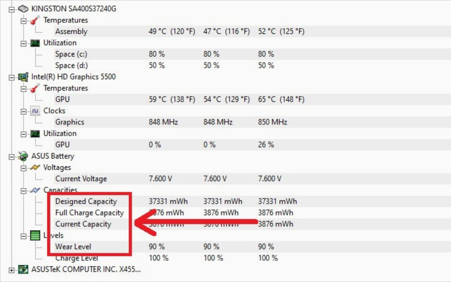 Xem thông tin về pin laptop tại mục Battery của phần mềm
