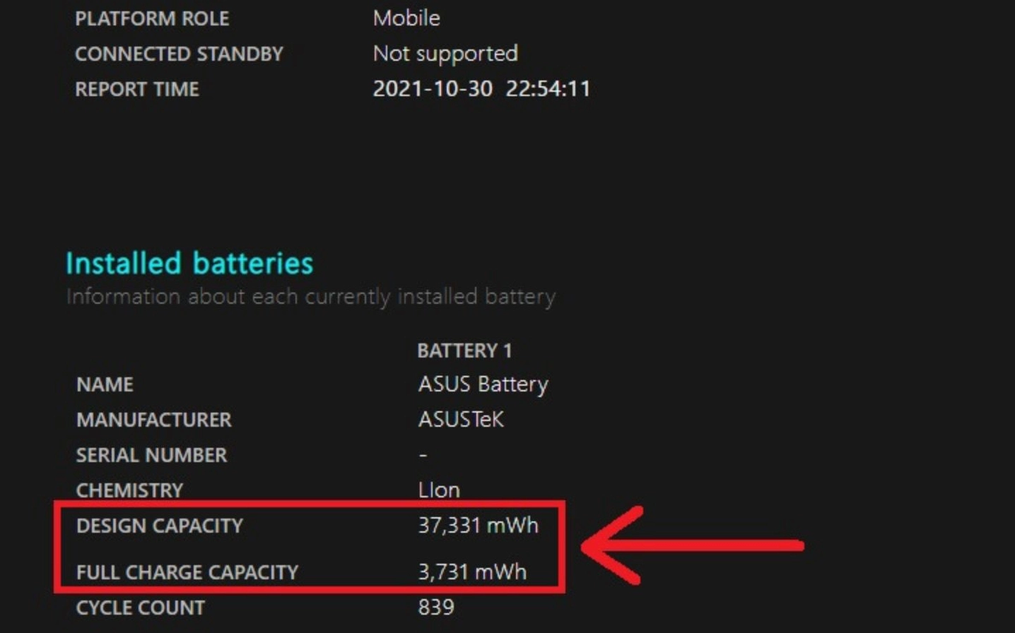 Xem toàn bộ thông tin chi tiết về thông số pin tại mục Installed batteries trong báo cáo
